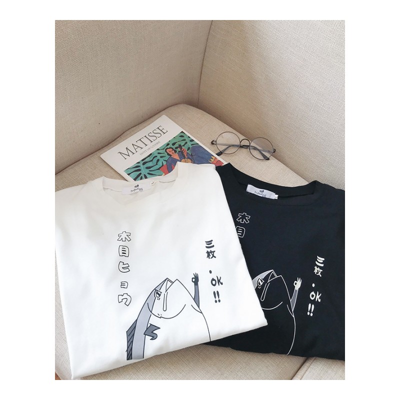 夏款日系文艺宽松短袖T恤男圆领个性印花半袖不规则下摆体恤衫潮