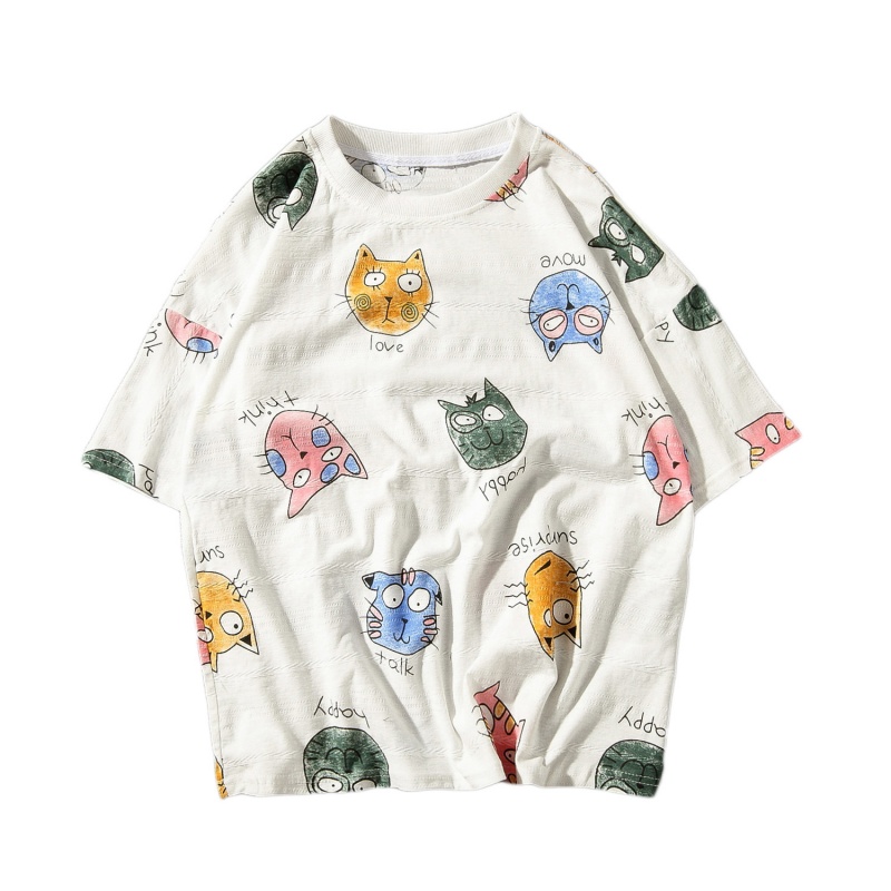 夏款新款短袖T恤可爱猫咪印花原宿BF风宽松半袖男女情侣装上衣潮