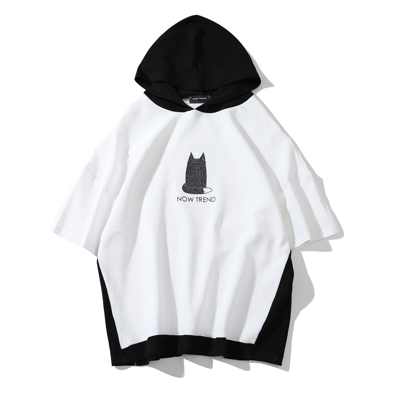 2018夏款新款港风男士连帽短袖T恤衫韩版时尚学生宽松休闲半截袖