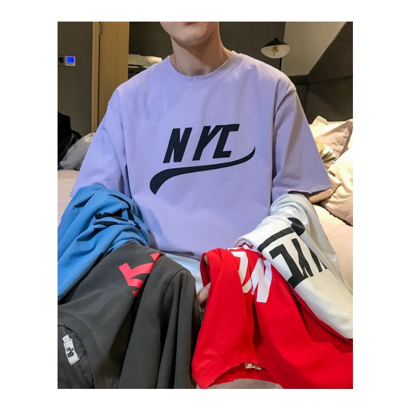 港风夏款新款街头时尚字母印花宽松T恤韩版个性BF风假两件短袖男