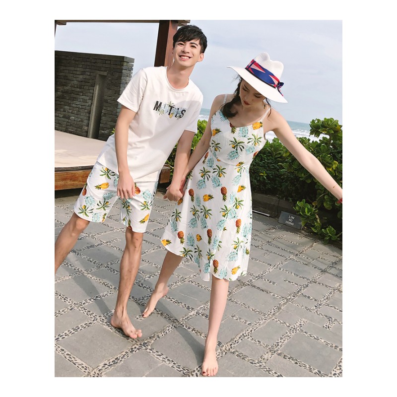 夏款沙滩情侣装套装小清新连衣裙女韩版印花短袖T恤短裤裙子潮