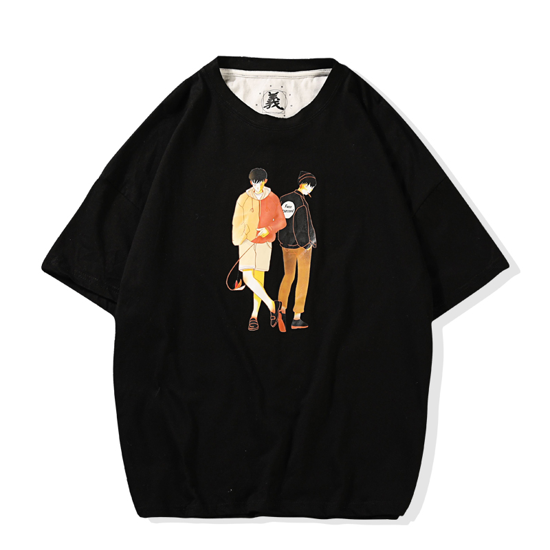 韩版新款男士印花五分袖T恤夏款潮男女情侣宽松半截袖体恤衫2018