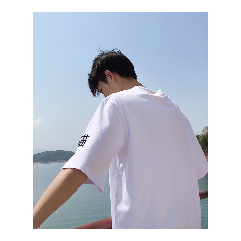 2018夏款新文字猫刺绣情侣短袖T恤男女宽松打底衫班服BF风时尚T恤