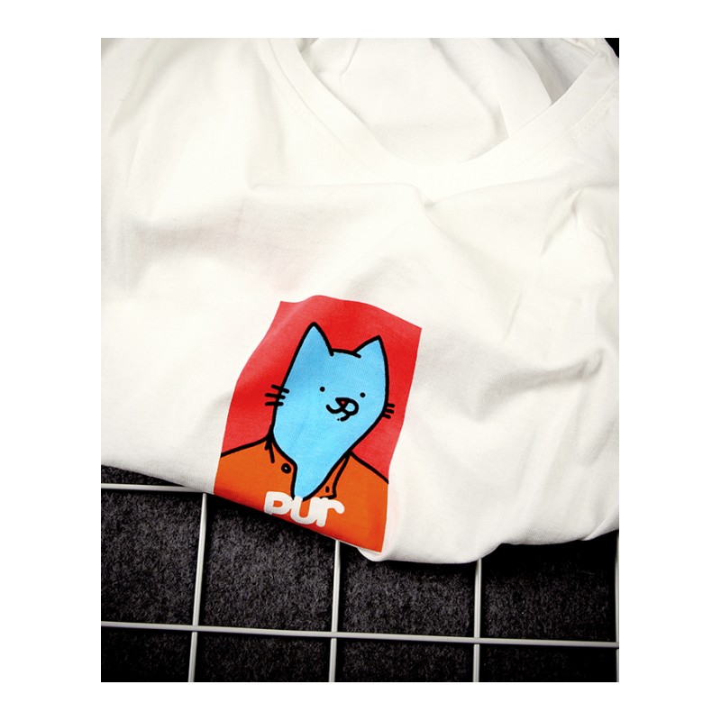 2018春夏新款小猫图案印花男士宽松圆领短袖T恤原宿BF风情侣T恤潮