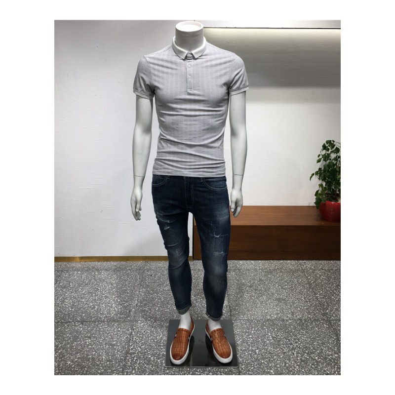 2018春夏新款男 短袖T恤POLO衫男 商务小领上衣男士格子体恤衫