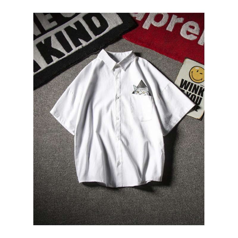 2018夏款卡通印花短袖衬衫男士加肥大码宽松五分袖衬衣韩版潮男装