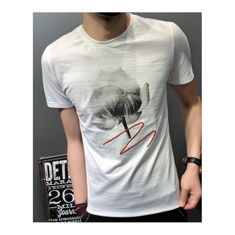 日系潮牌原宿风刺绣短袖夏款圆领荷花绣花复古国潮男士中国风T恤