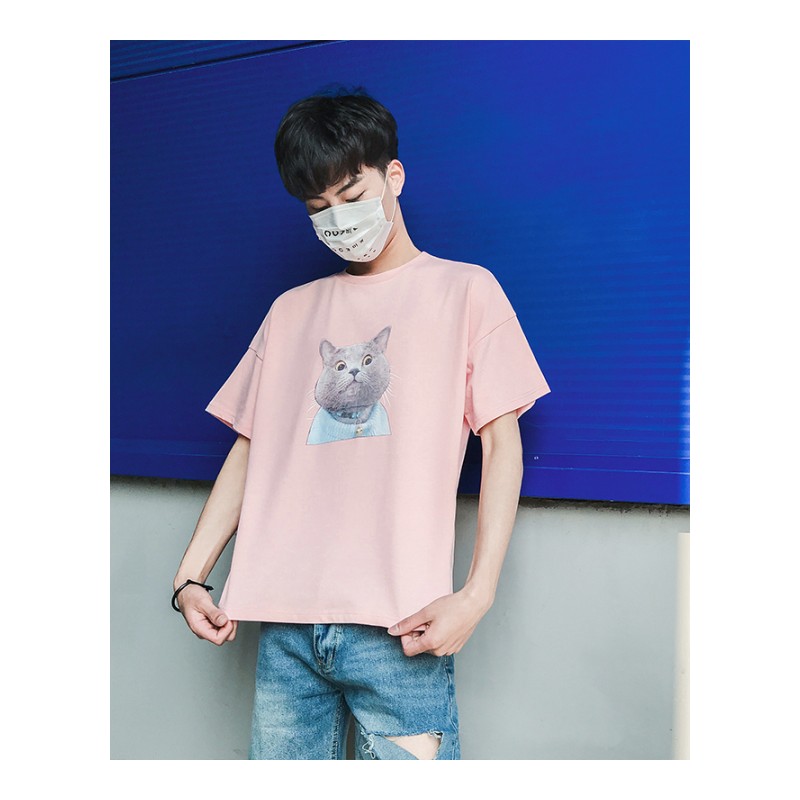 2018夏款男新款猫咪t桖个性宽松纯色印花日系体恤青少年短袖原创