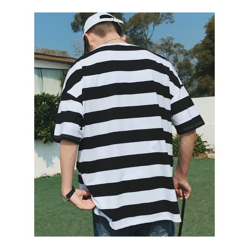 2018夏款原宿风bf条纹打底衫潮牌T恤男短袖学生宽松日韩风上衣服