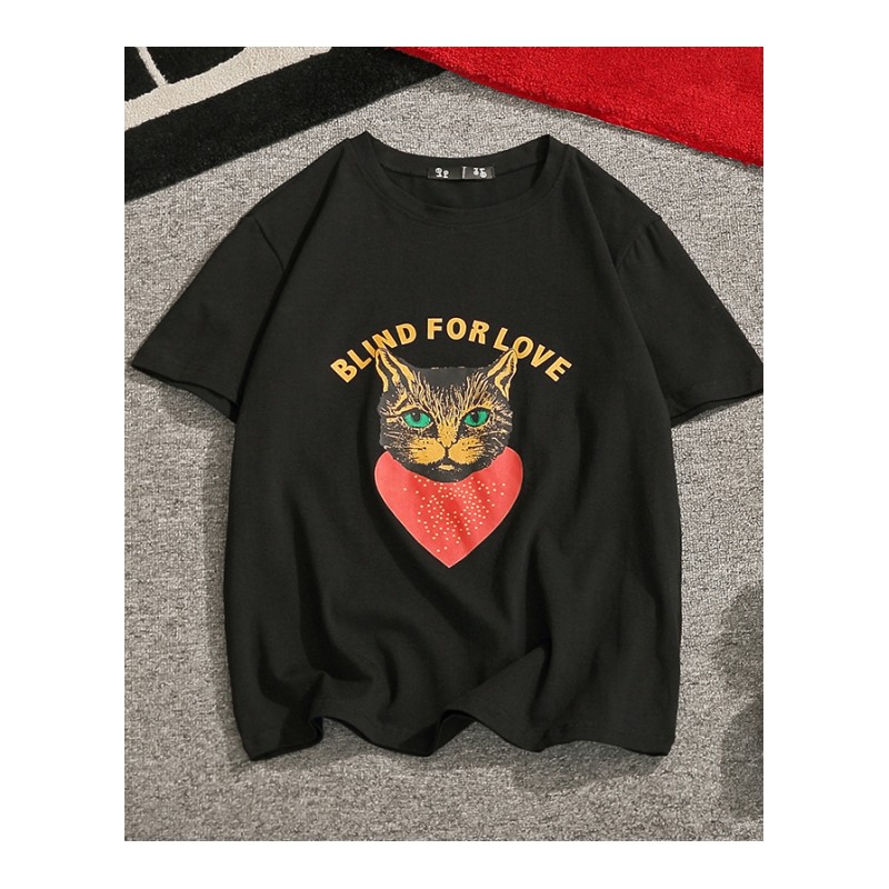 2018新款猫咪印花短袖T恤男士加肥大码圆领宽松体恤韩版潮男夏装