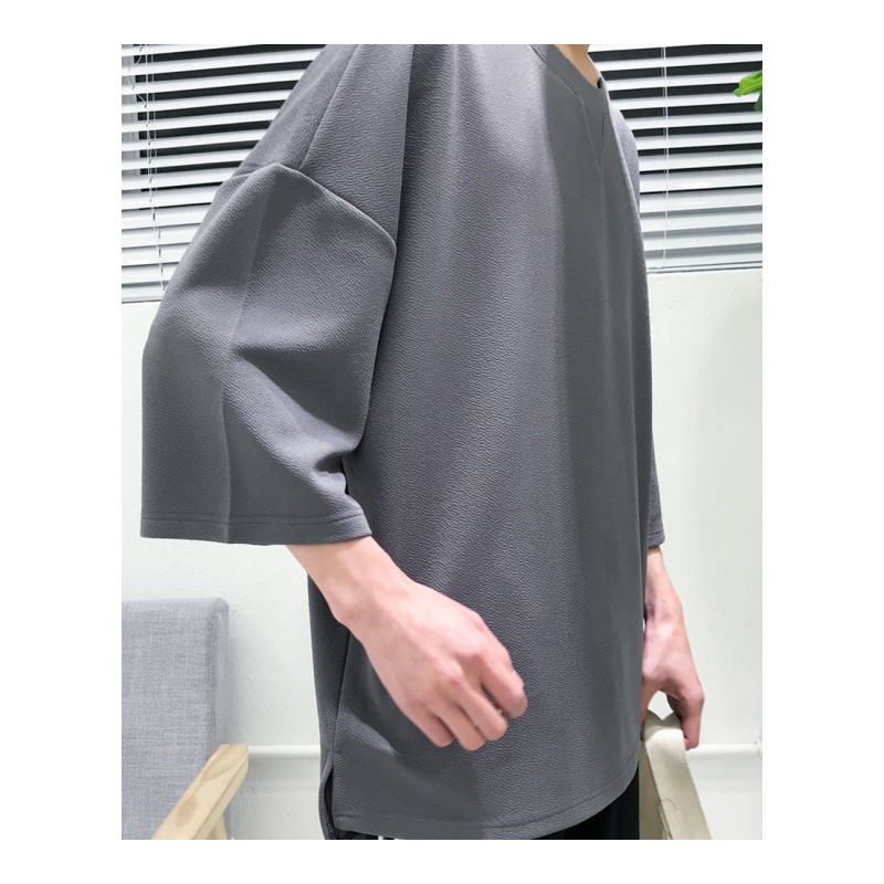 夏款新款宽松短袖T恤男士纯色圆领七分袖体恤上衣服韩版时尚男装