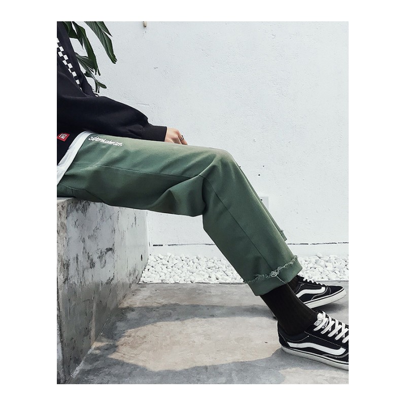 2018新款夏款bf裤子男韩版时尚毛边休闲裤个生宽松直筒九分裤
