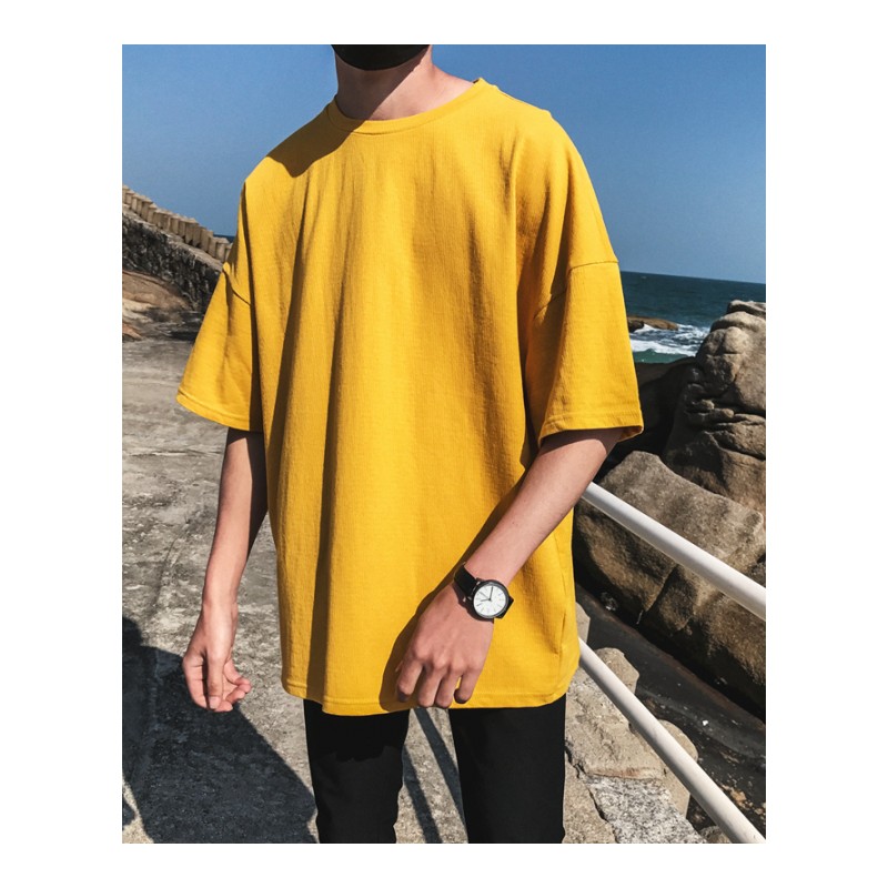 夏款男士短袖T恤韩版时尚宽松休闲学生青少年白色圆领五分袖半袖