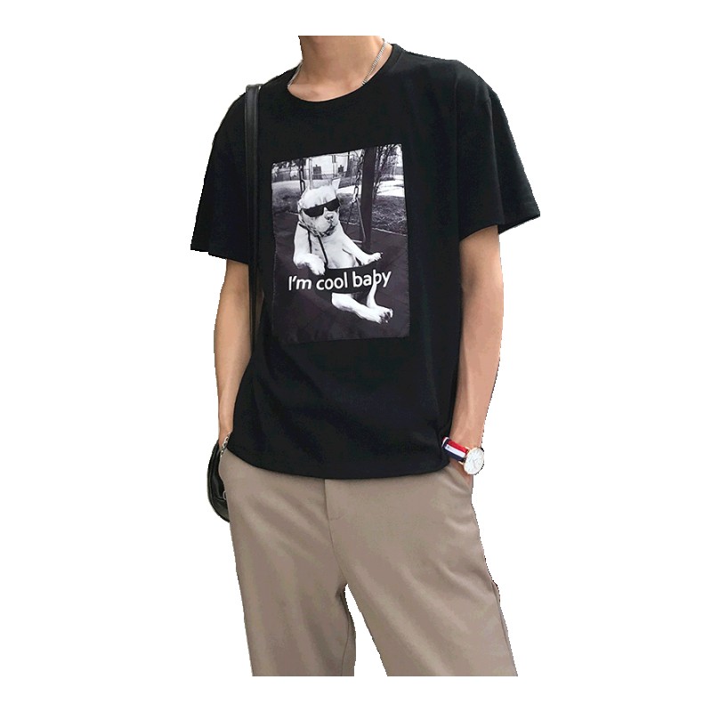 夏款男士圆领宽松小狗印花个性短袖T恤青年学生打底衫休闲百搭潮