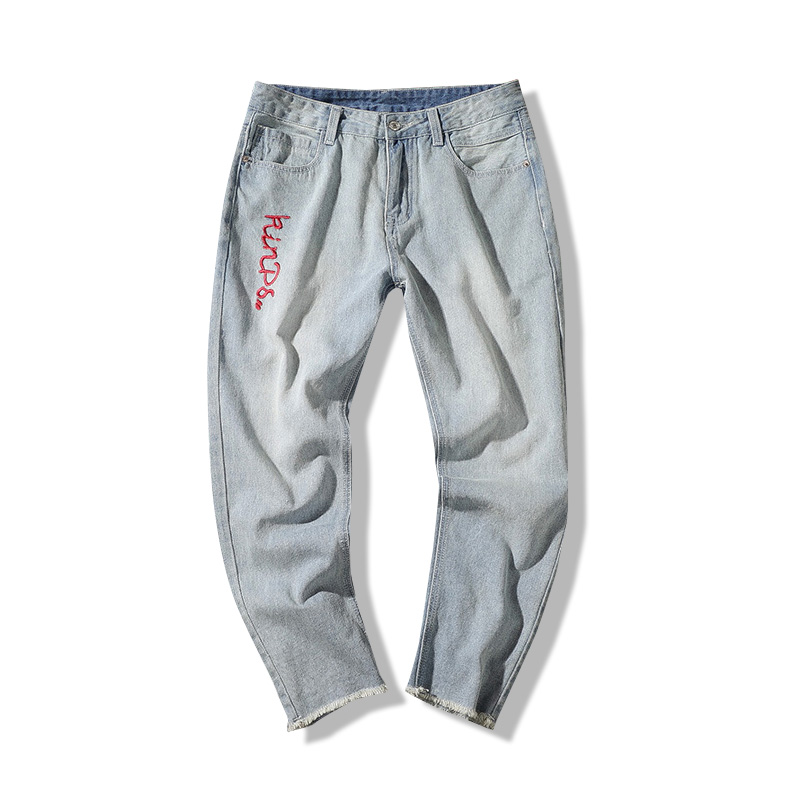 夏款刺绣毛边九分牛仔裤男韩版时尚修身bf风原宿学生小脚时尚裤子