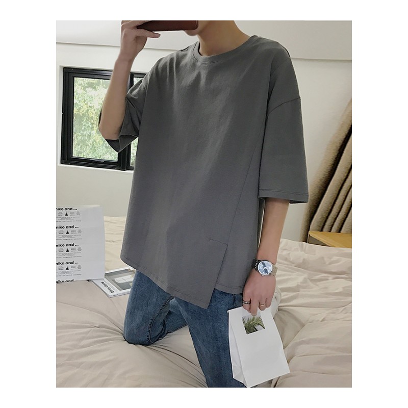 港风夏款不规则开叉下摆纯色短袖T恤男韩版宽松落肩袖tee打底衫潮
