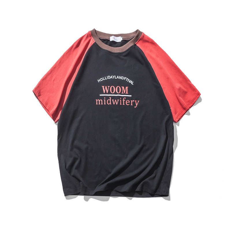 个性夏款拼接撞色短袖男圆领插肩袖英文印花T恤宽松小清新青少年