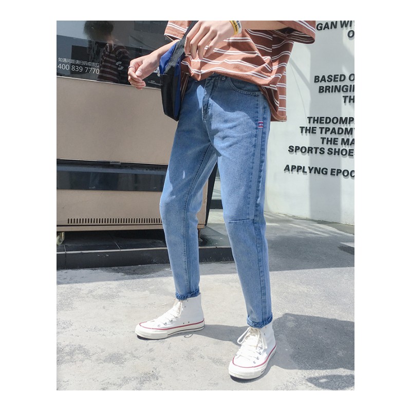 2018牛仔裤男浅蓝色薄款复古水洗侣款个性休闲裤港风夏款九分