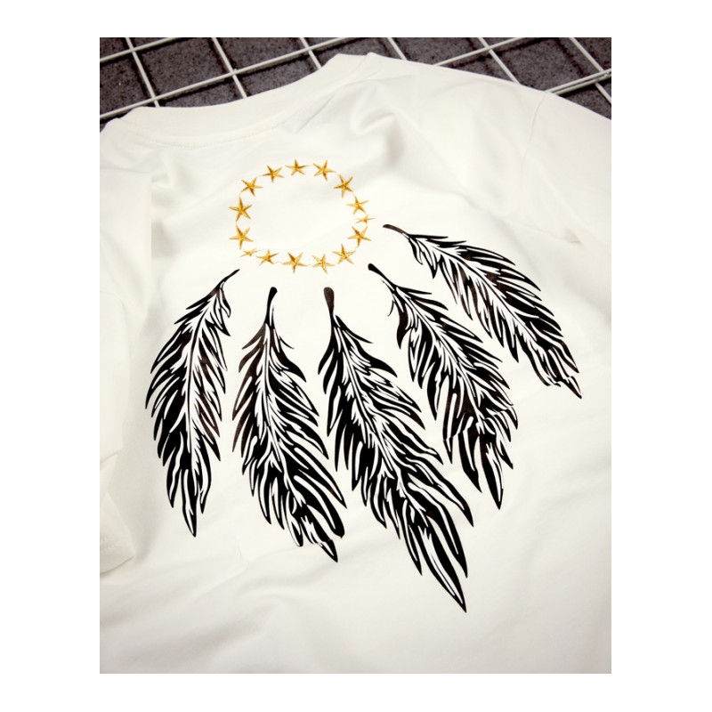 港风夏款新款雅痞羽毛刺绣T恤男韩版青年短袖打底衫情侣半袖tee潮