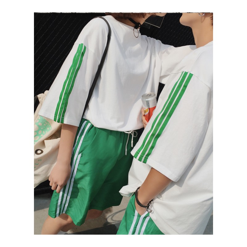 夏款情侣港风韩版休闲运动宽松大码三道杠套装半袖体恤五分裤班服
