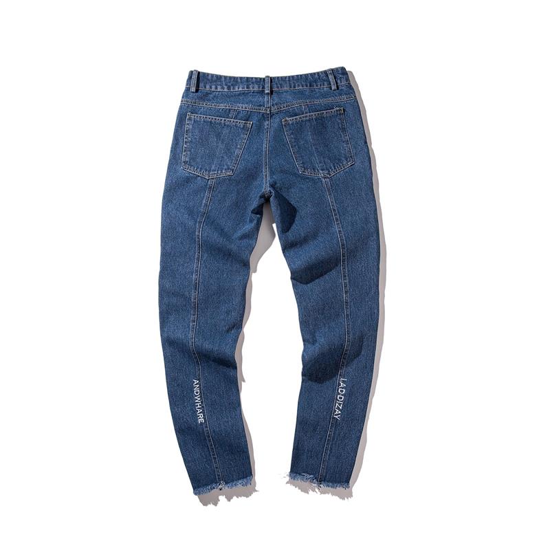时尚春装青年休闲男裤毛边修身小脚长裤字母刺绣牛仔裤原宿BF风潮