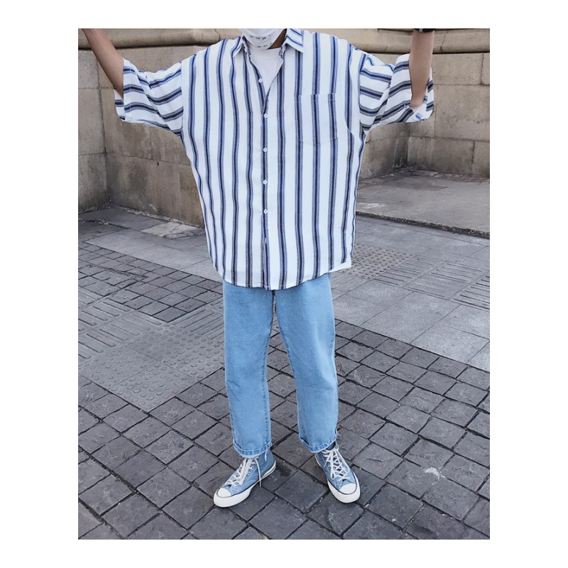 夏款新款2018竖条纹衬衫男港风短袖休闲韩版青少年衬衣学生上衣