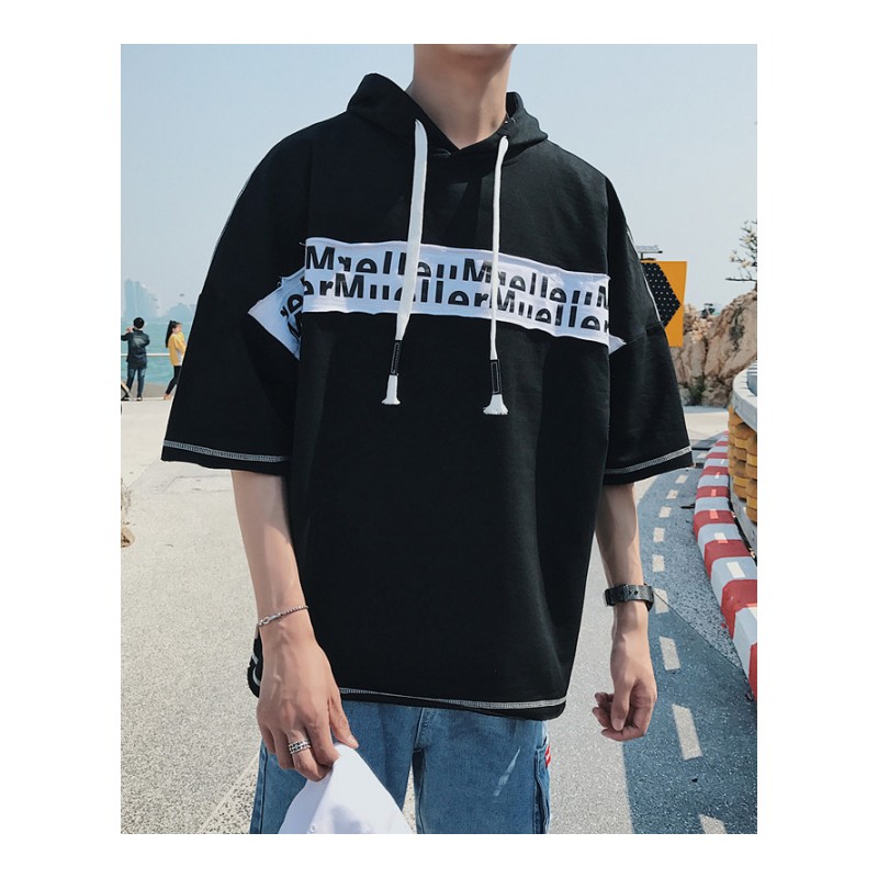 夏款韩国日韩风宽松学生连帽上衣时尚的T恤男短袖5五分袖衣服