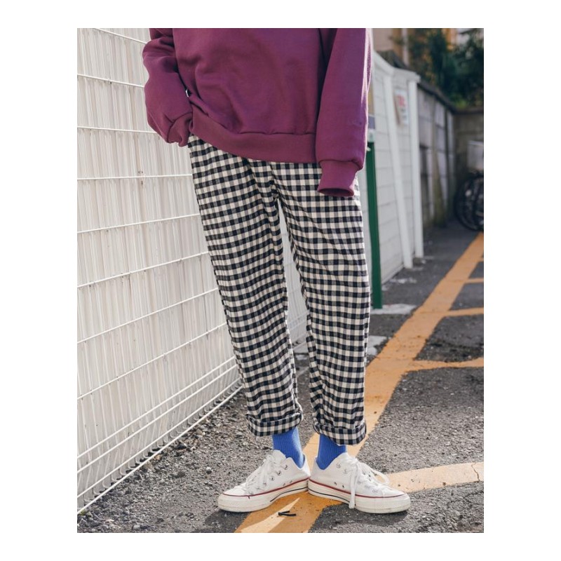 春夏原宿风BF宽松直筒格子哈伦裤男日系阔腿长裤休闲裤青少年时尚