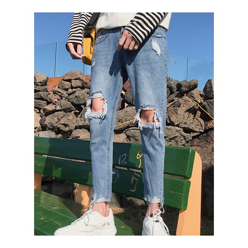夏款新款2018破洞休闲牛仔九分裤男士学生修身小脚裤韩版潮男裤子