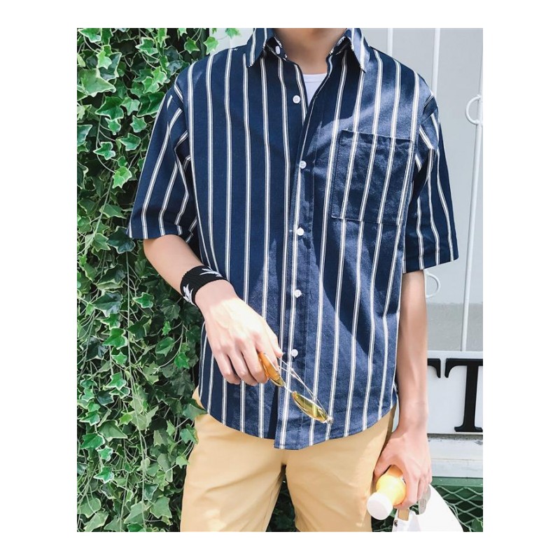 个性夏款班服港风男士寸衫格子休闲衬衫韩版时尚学生个性条纹衬衣