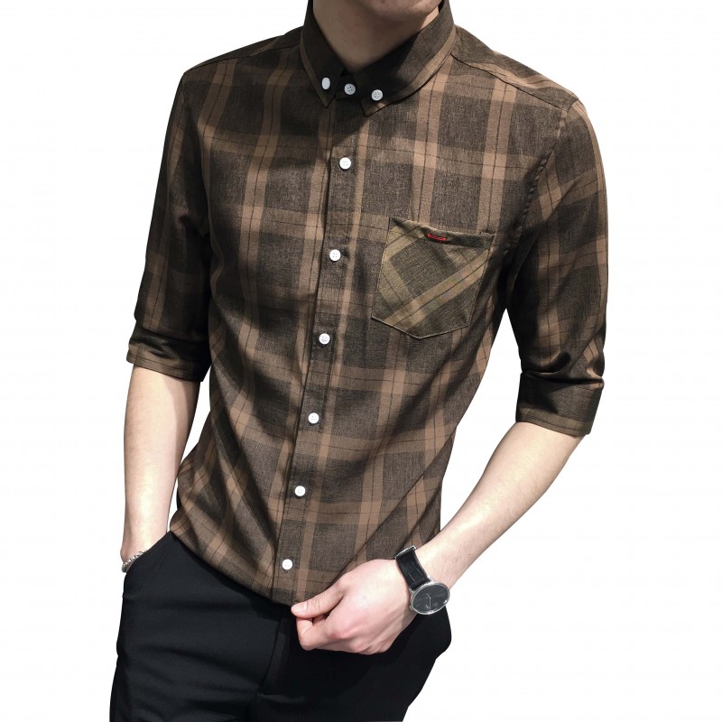 咖啡色格子五分中袖衬衫 2018年夏天男士短袖衬衣韩版修身型寸衣