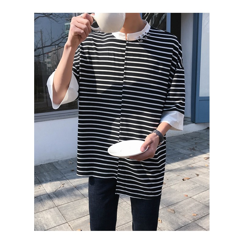 2018男士宽松立领T恤条纹不对称创意铁环扣体恤打底衫潮休闲百搭