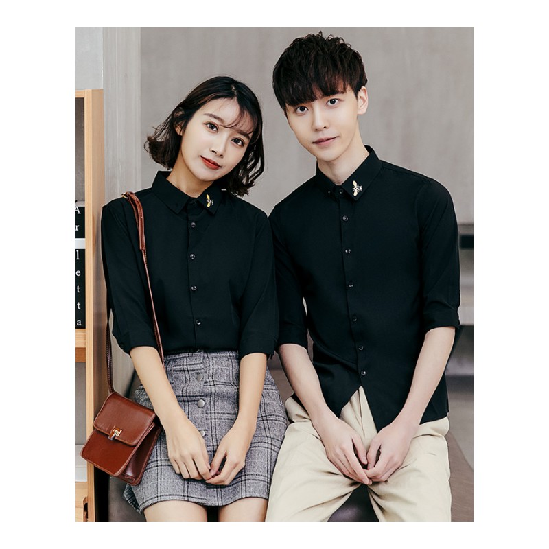 侣装夏装2018新款中袖打底衫修身韩版衬衣班服BF原宿短袖衬衫码