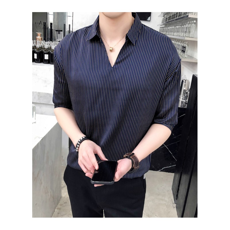 夜店型师潮男七分袖衬衫2018夏款新款宽松衬衣中袖条纹打底衫男