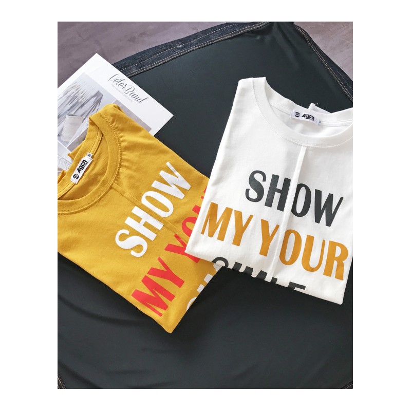 2018新款 男女士清新原宿学院风圆领T恤情侣字母印花短袖