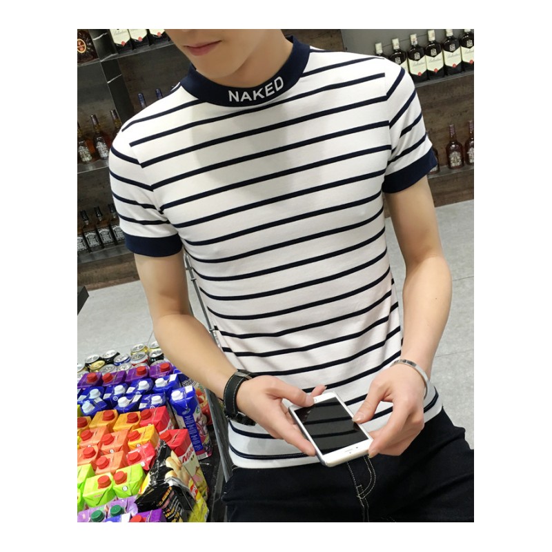 夏款男士小高领个性短袖韩版修身T恤棉条纹紧身小伙T恤青年休闲潮