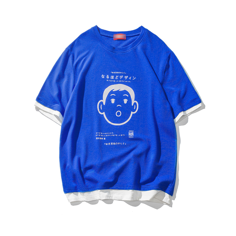 短袖T恤男士圆领夏款假两件港风半袖上衣服休闲宽松韩版潮打底衫