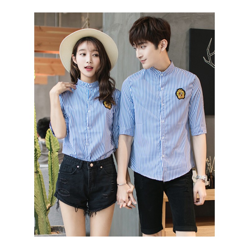 条纹衬衫男短袖韩版中袖修身夏款学生薄款七分袖气质休闲情侣衬衣