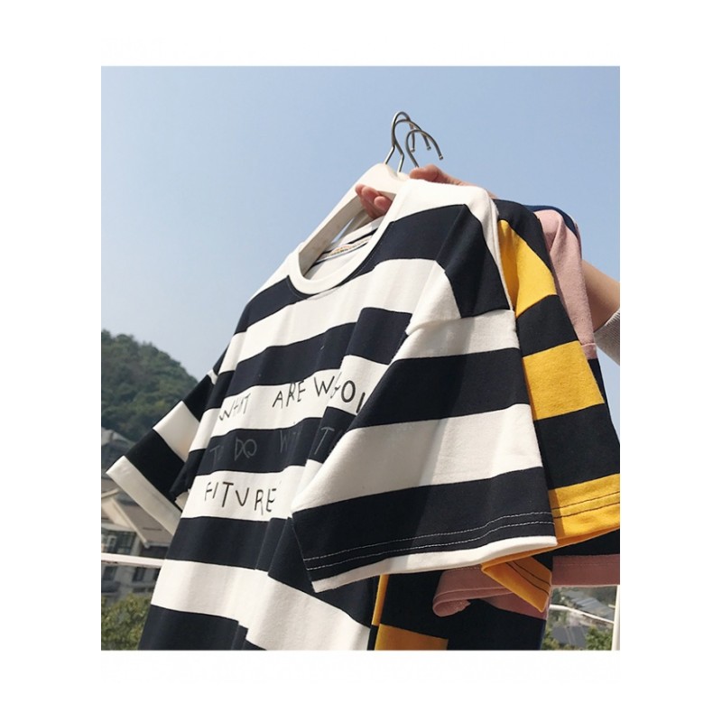 2018夏款条纹短袖T恤男韩版宽松港风时尚半袖学生情侣装体恤衫潮