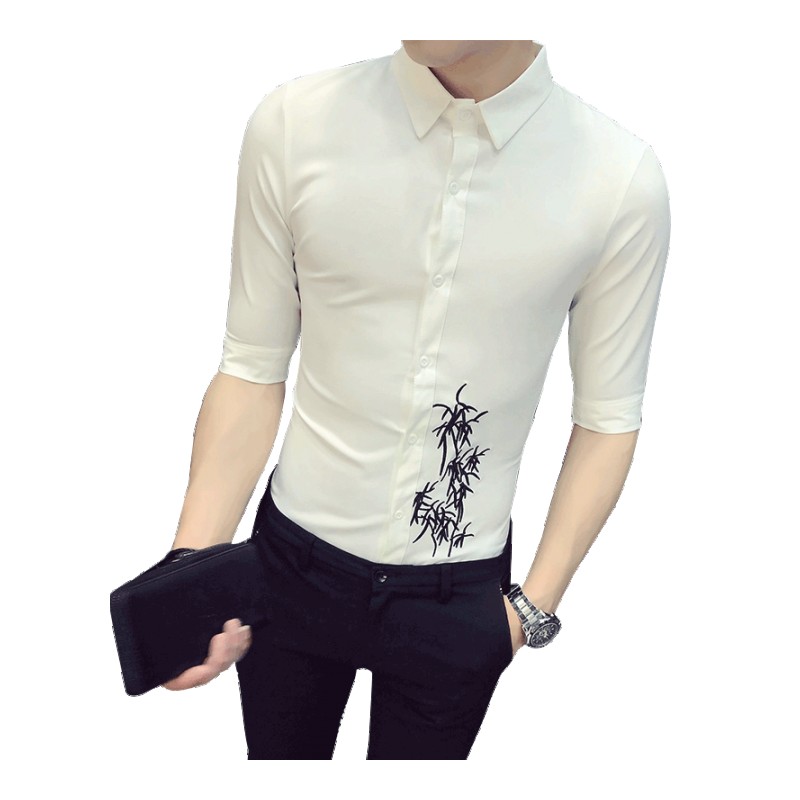 夏款型师个性绣花七分袖衬衫男韩版修身青年帅气气质中袖衬衣