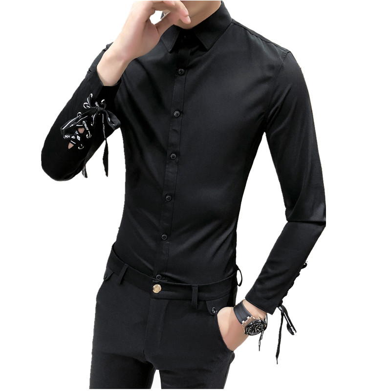 夜店型男时尚气质系带装饰衬衫青年韩版修身夜店男工作服长袖上衣