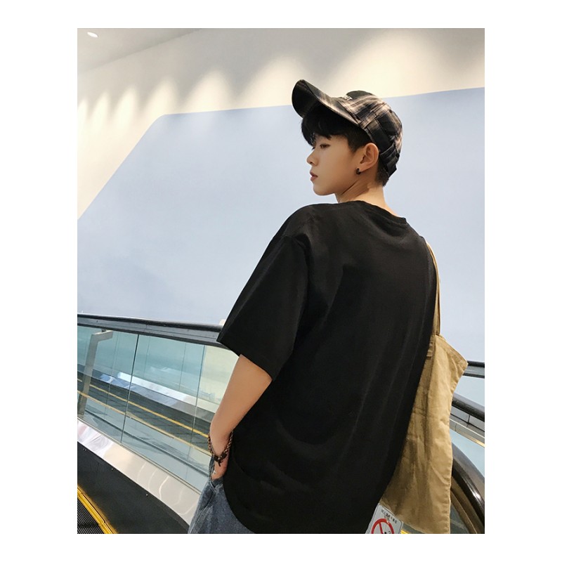 夏款港风韩版休闲体恤男圆领宽松纯色印花短袖青年打底衫五分袖潮