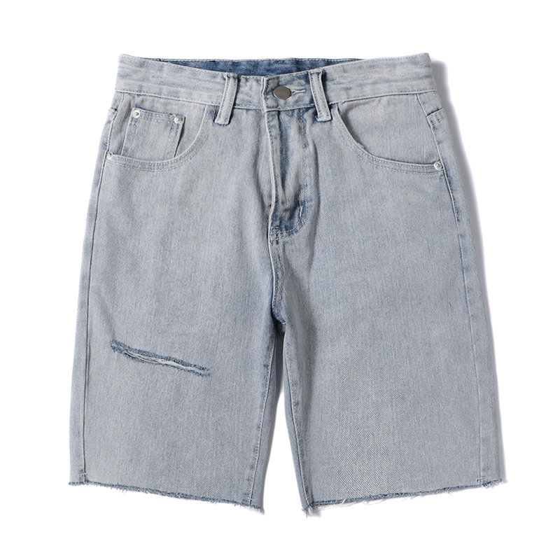 2018夏款牛仔短裤男士修身刮烂破洞裤子青少年薄款拉绳五分裤