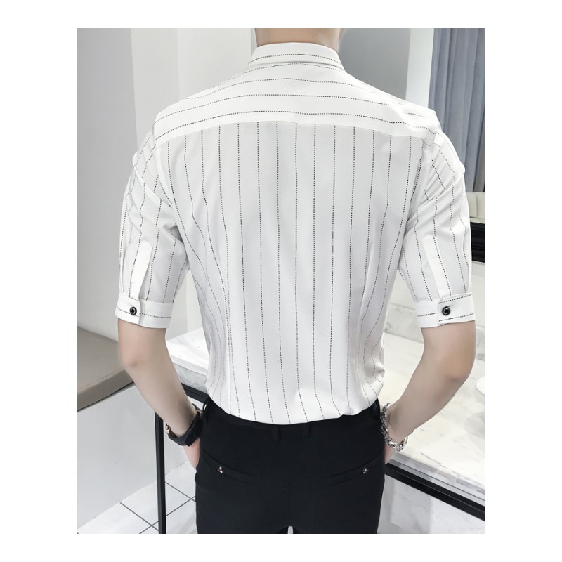 2018夏款新款男士商务休闲条纹中袖衬衫青年韩版修身面试服男上衣