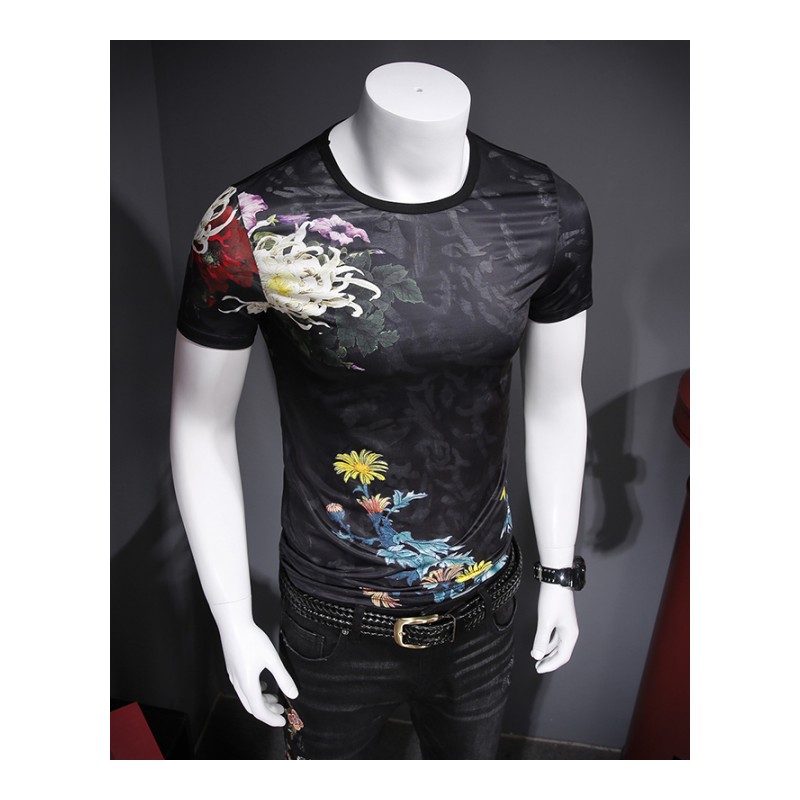 夏款款花纹短袖T恤男夜店图案个性气质棉加肥加大码时尚个性男装