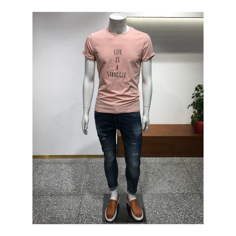 成熟帅气圆领体恤夏款气质棉T恤男韩版创意字母刺绣圆领半袖潮