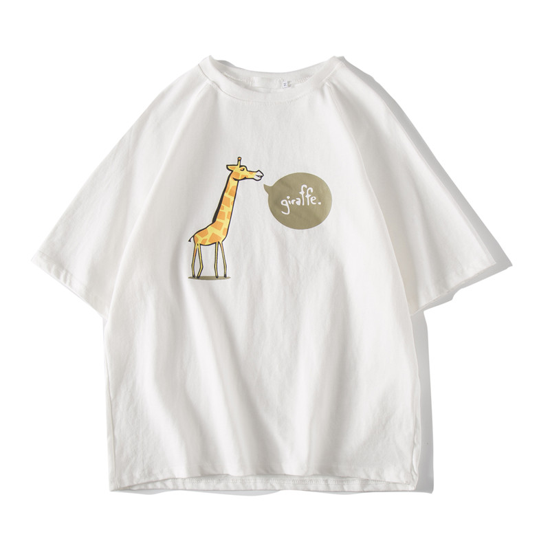 2018夏款新款纯色长颈鹿图案青少年T恤文艺小清新创意优质情侣装