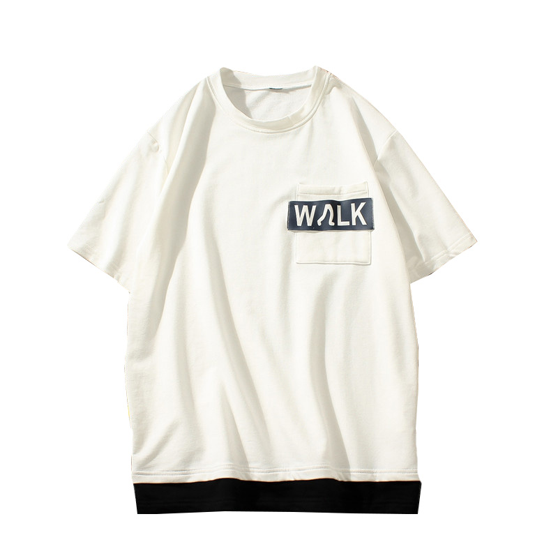 港风夏款男士胖人迷彩原宿假两件青少年半袖加肥加大码短袖T恤潮