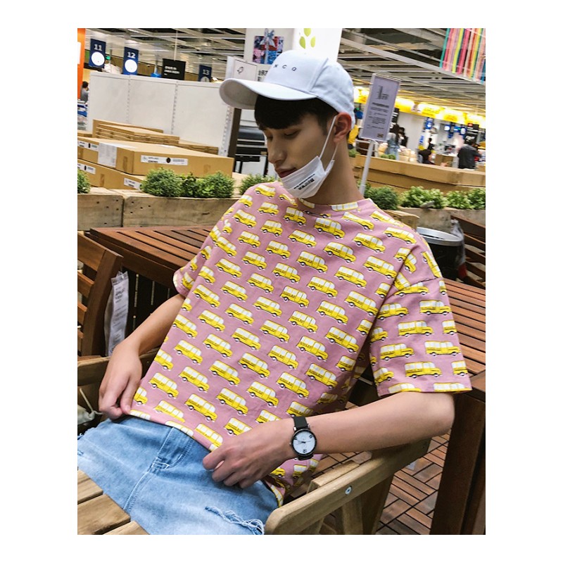 2018夏款港风短袖男T恤韩版bf校车巴士印花半袖男士时尚体恤衫