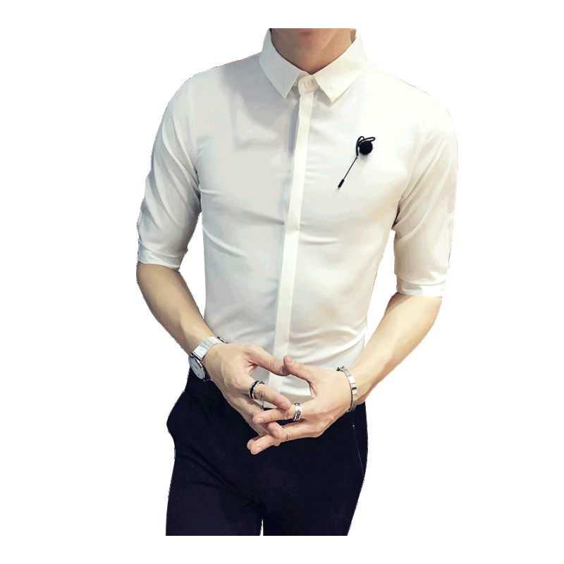18新款男装饰修身七分袖衬衫百搭时尚韩版中袖型师气质英伦短袖